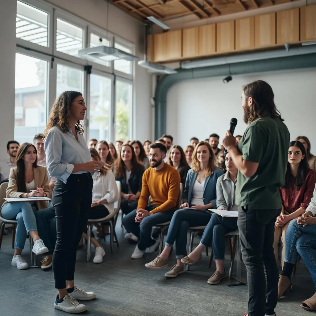 Workshop di oratoria in svolgimento con partecipanti attivi
