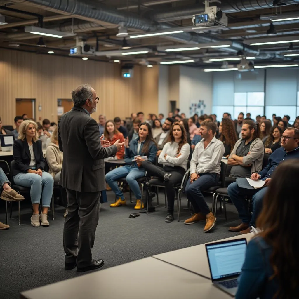 Workshop di public speaking in una sala moderna